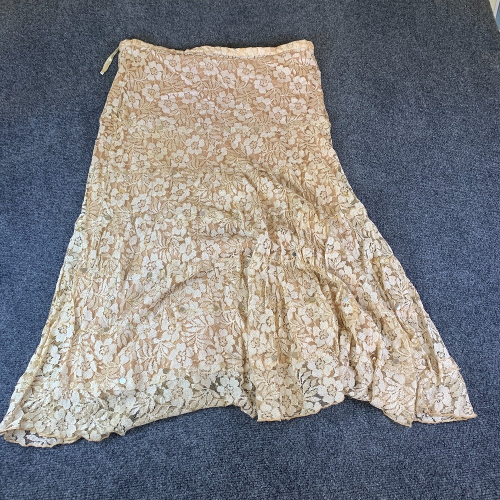 Lola P. Midi A-Line Skirt Womens M Beige Floral Lace Good Tiered Sequins